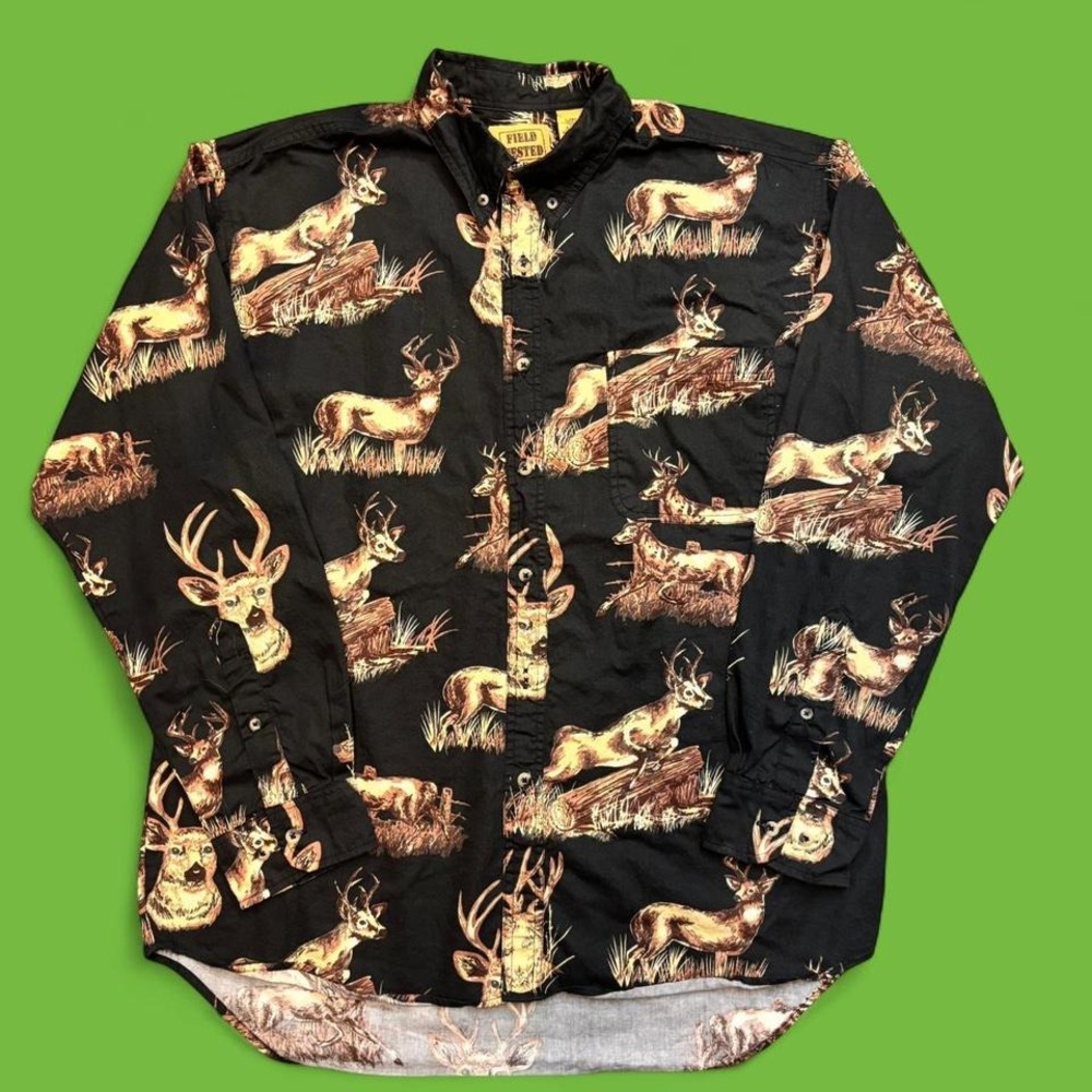 Black & tan vintage deer print button up shirt western AOP field tested